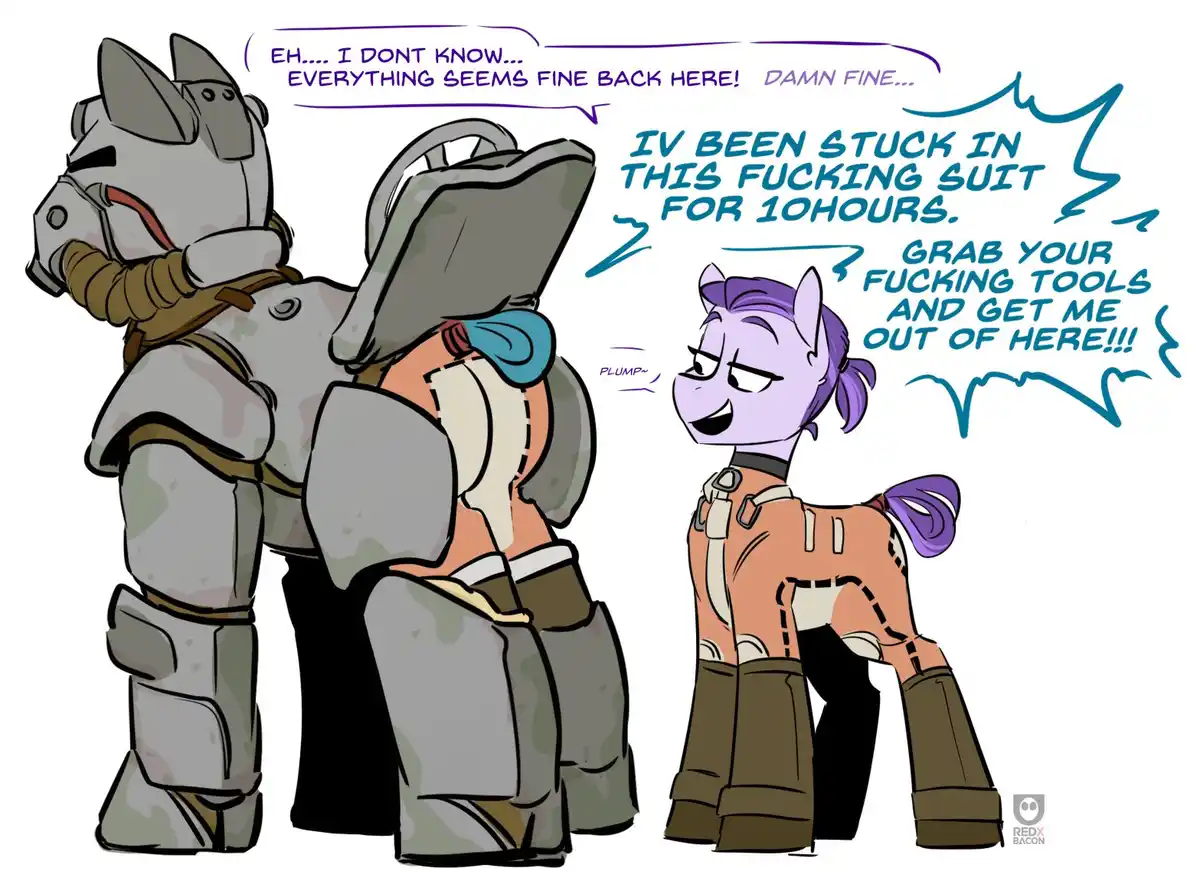 A cartoon pony in a bulky, grey armored suit is shown from behind, with a smaller purple pony standing beside them. The…