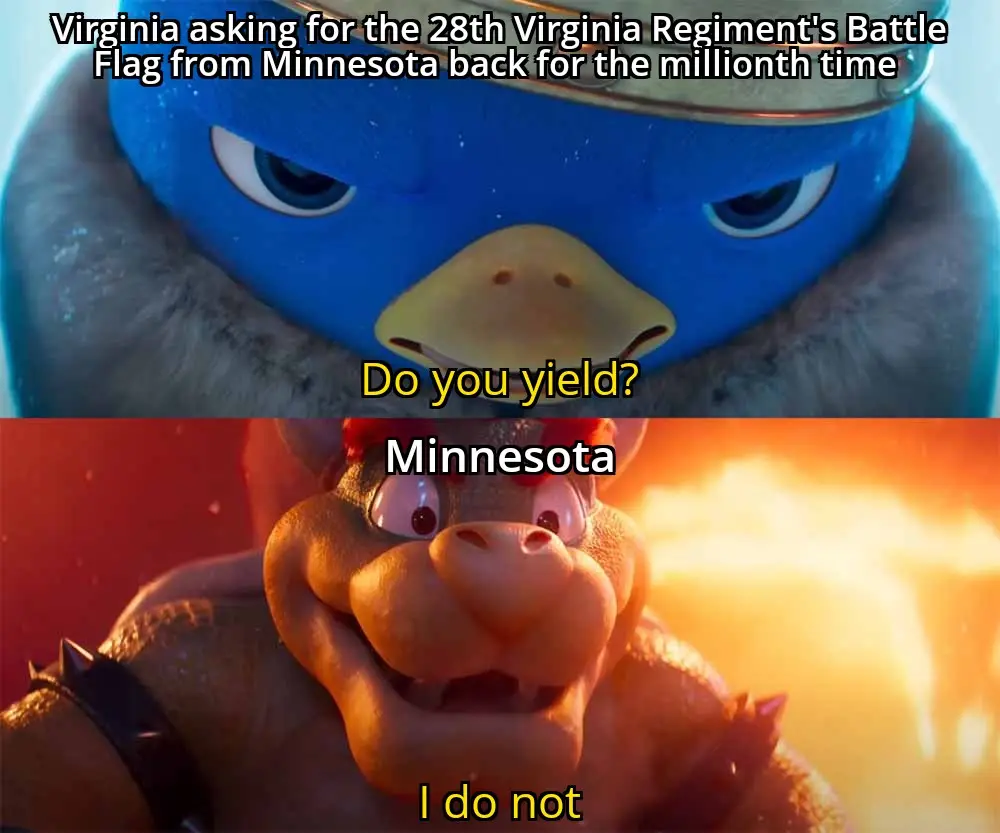 The top panel shows a blue bird character with a stern expression and text reading 'Virginia asking for the 28th Virginia…