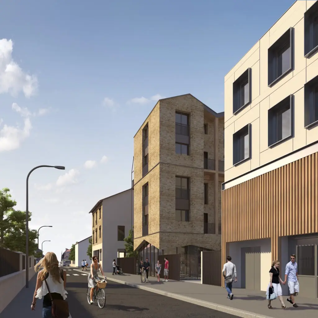 a computer-generated architectural rendering of a modern street with multi-story buildings, pedestrians, and cyclists under…