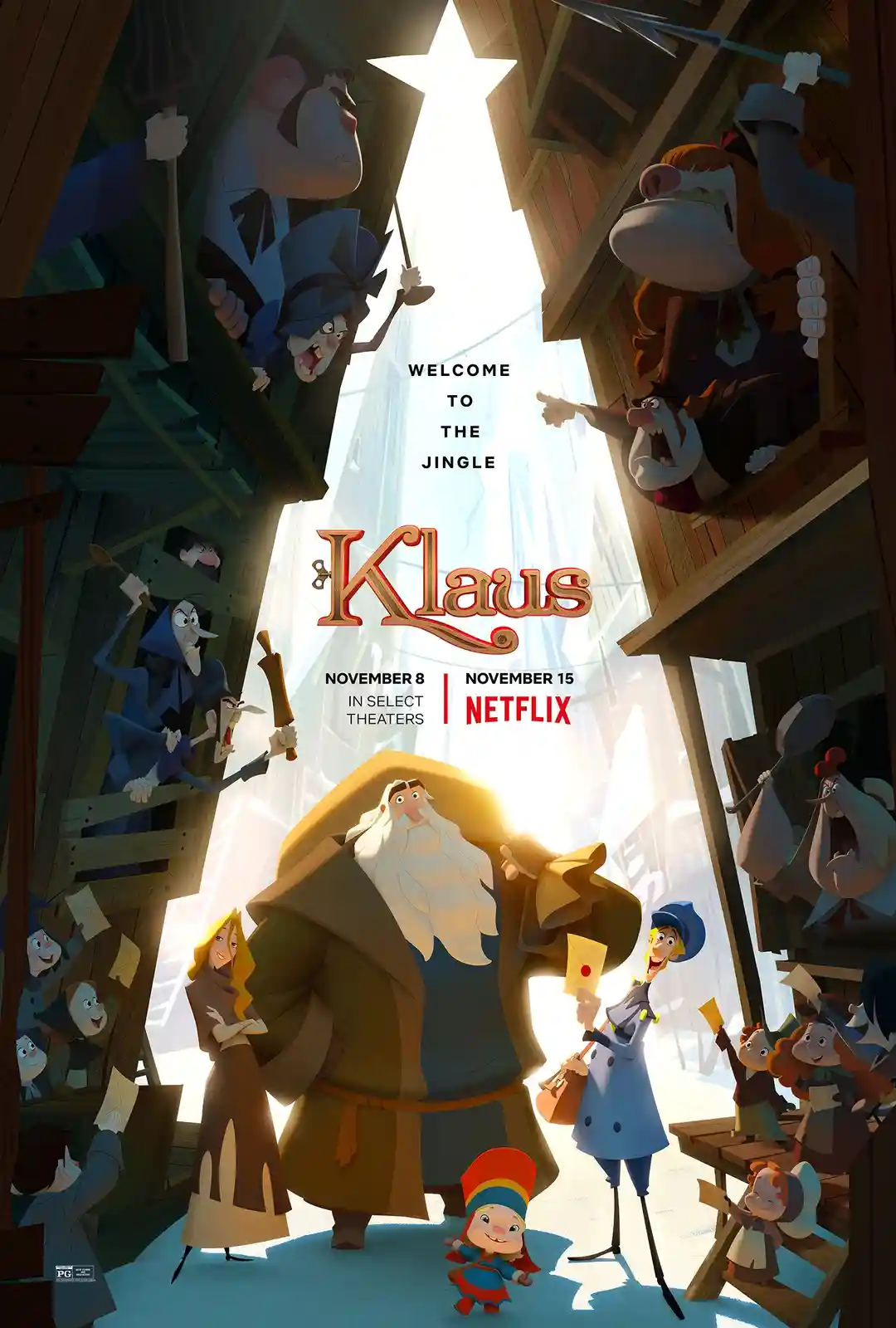 An animated movie poster for 'Klaus' shows a central figure in a brown robe with a white beard, surrounded by townsfolk…