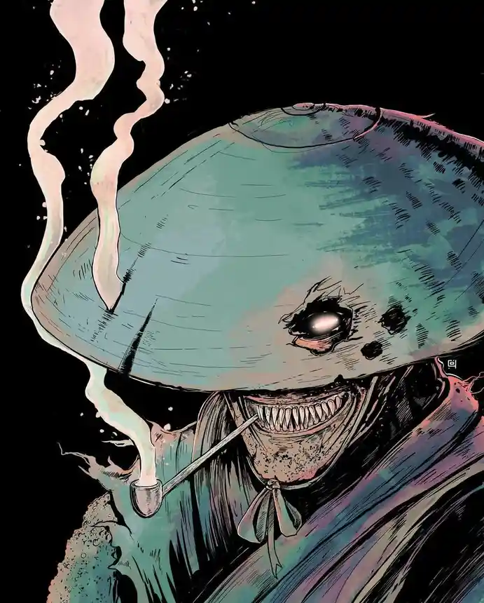A grotesque, cartoonish creature with a large, mushroom-like head and a single glowing eye smokes a pipe, with smoke curling…