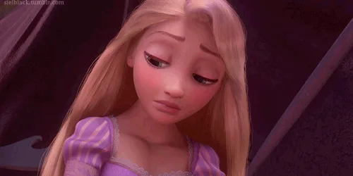 The image shows six panels of the animated character Rapunzel from Tangled, displaying a progression of her facial…