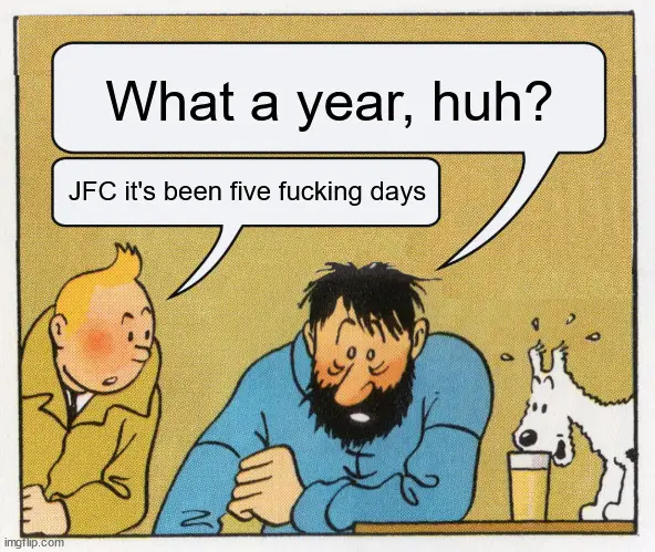 A comic panel shows three characters: a man in a blue shirt slumped at a table, a boy in a yellow jacket looking on, and a…