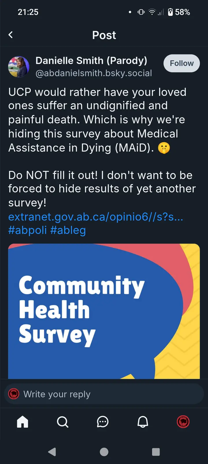 A social media post from a parody account named 'Danielle Smith (Parody)' features a graphic for a 'Community Health…