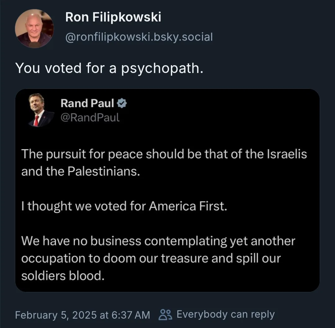 A screenshot of a social media post by Ron Filipkowski showing a tweet from Rand Paul. The tweet reads: 'The pursuit for…