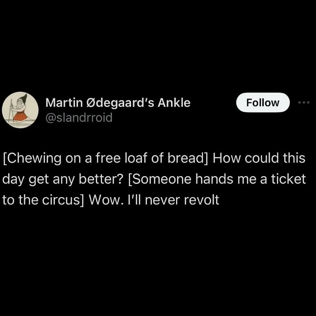 A screenshot of a Twitter post from the account 'Martin Ødegaard's Ankle' (@slandrroid) with a black background. The post…