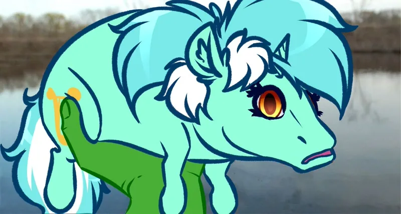 A cartoonish turquoise pony with white mane and orange eyes stands by water, looking displeased, while a green hand holds a…