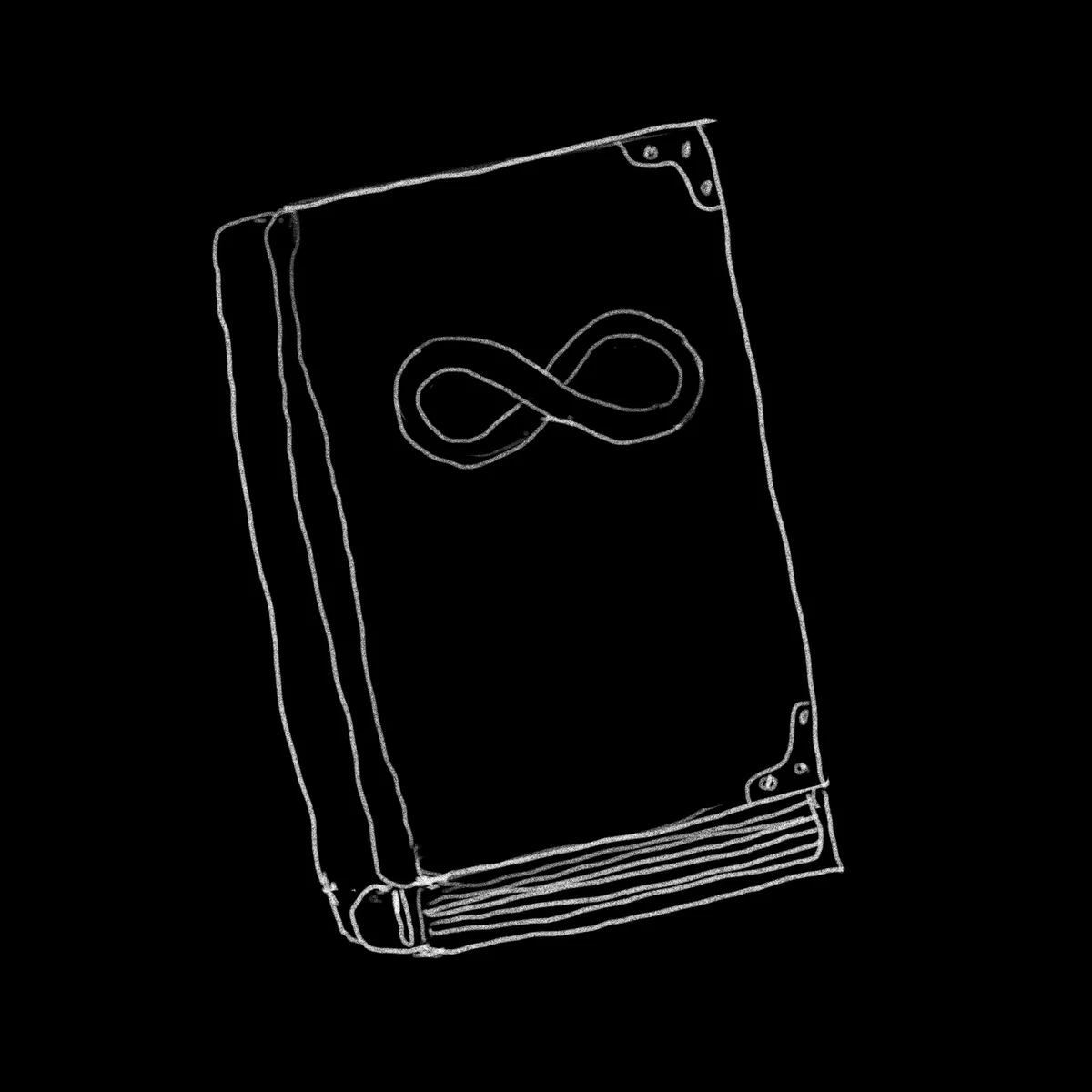 A simple black-and-white chalk-style drawing of a thick book with an infinity symbol on its cover, set against a plain black…