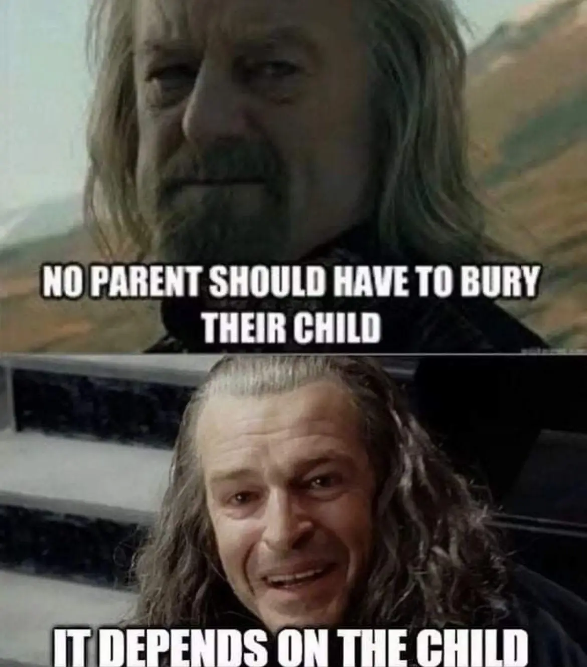 The meme features two panels of actor John Rhys-Davies as Gimli from Lord of the Rings. The top panel shows him with a…