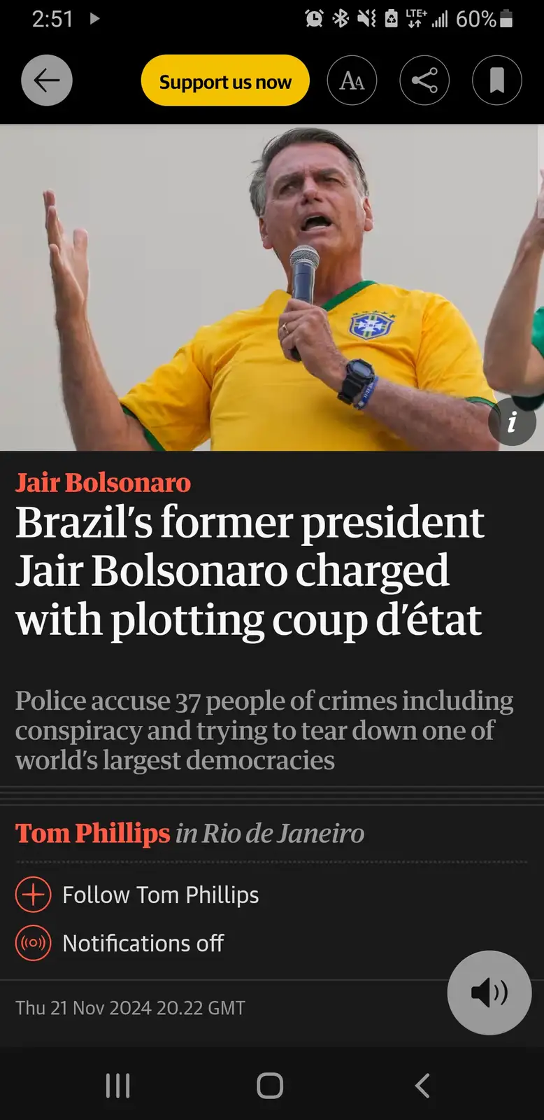 A screenshot of a news article shows Jair Bolsonaro, Brazil's former president, wearing a yellow Brazil national team jersey…