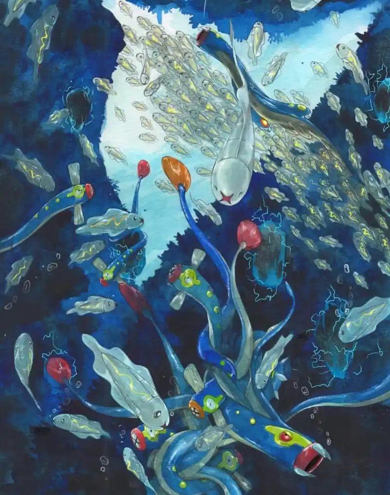 An underwater illustration shows a school of small, translucent fish swimming around a large, stylized blue creature with…