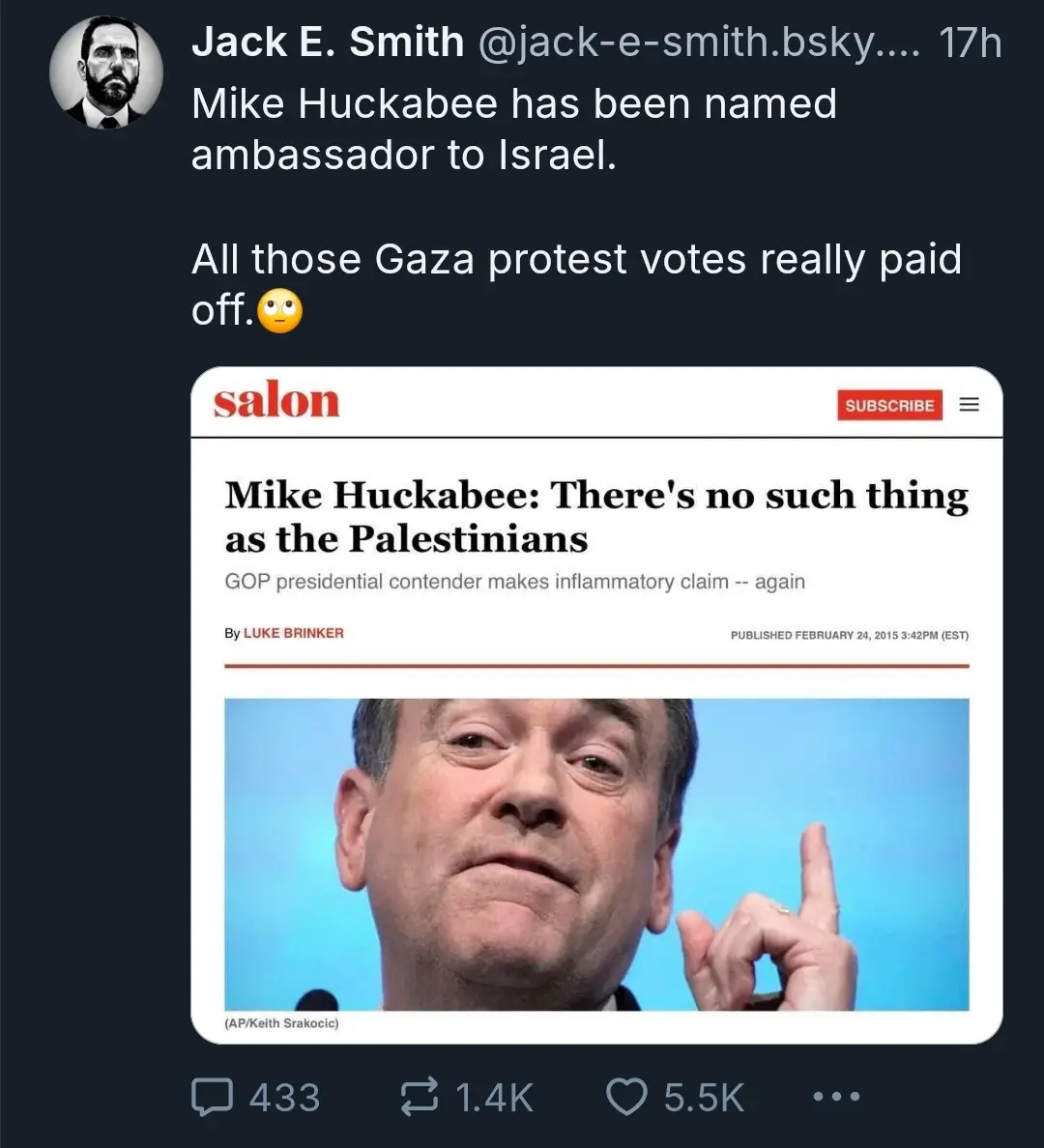 A screenshot of a tweet by Jack E. Smith shows a Salon news article headline about Mike Huckabee's inflammatory claim that…