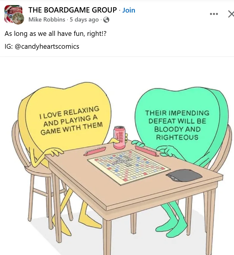 Two cartoon characters with heart-shaped bodies sit across a table playing Scrabble. The yellow character on the left has…