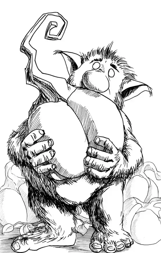 A black-and-white line drawing shows a furry, ape-like creature with large ears and a prominent belly, sitting on the ground…