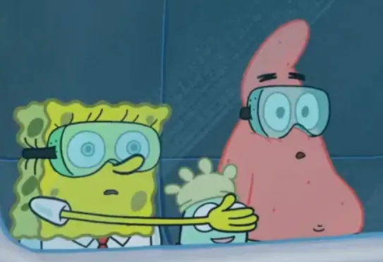 SpongeBob and Patrick are shown wearing large blue goggles, standing side by side in what appears to be a lab or underwater…