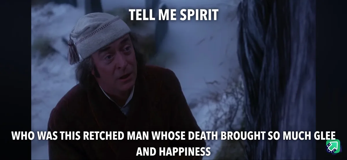 A man in a grey knit cap and dark coat looks intently at a ghostly figure in a snowy, dimly lit outdoor scene. White text…