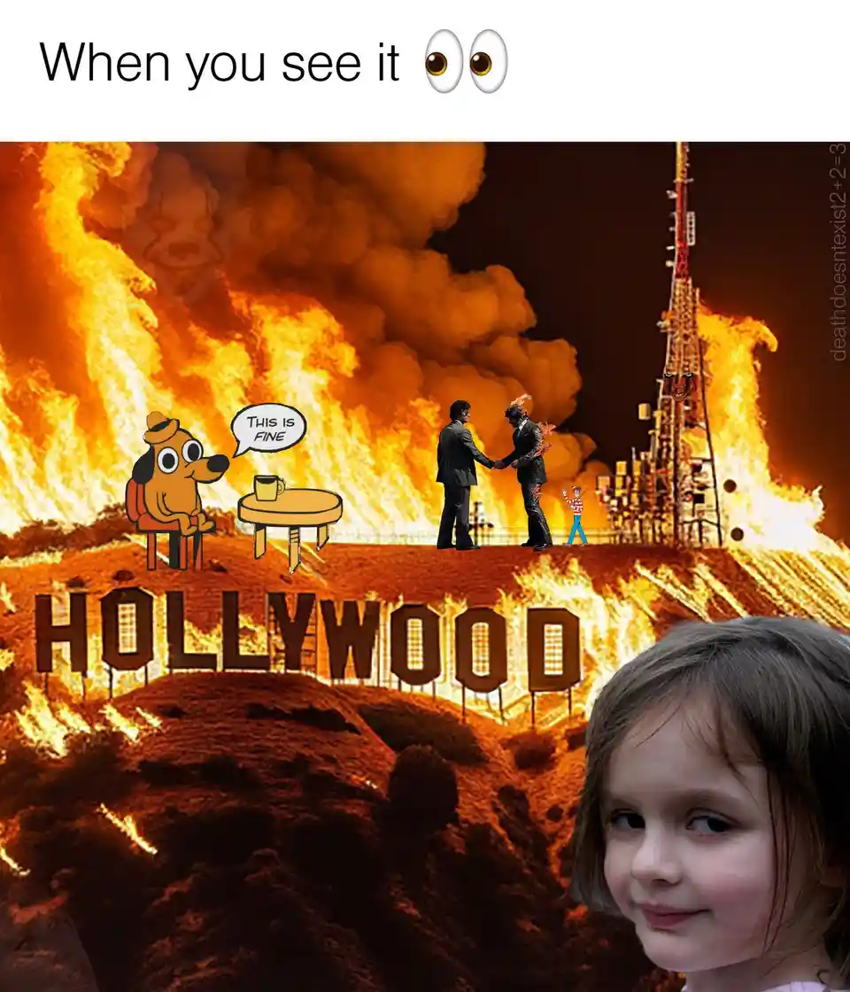 The image shows a surreal, fiery scene with the Hollywood sign engulfed in flames. Superimposed are cartoon characters: a…
