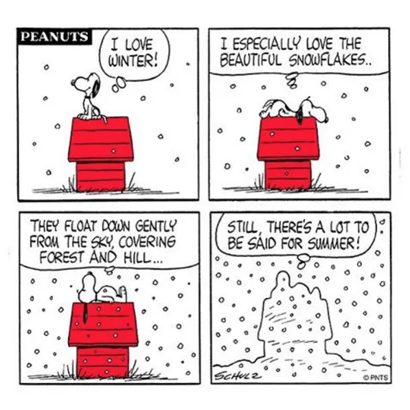 A four-panel Peanuts comic strip shows Snoopy on his red doghouse in a snowy scene. In the first panel, he declares 'I LOVE…