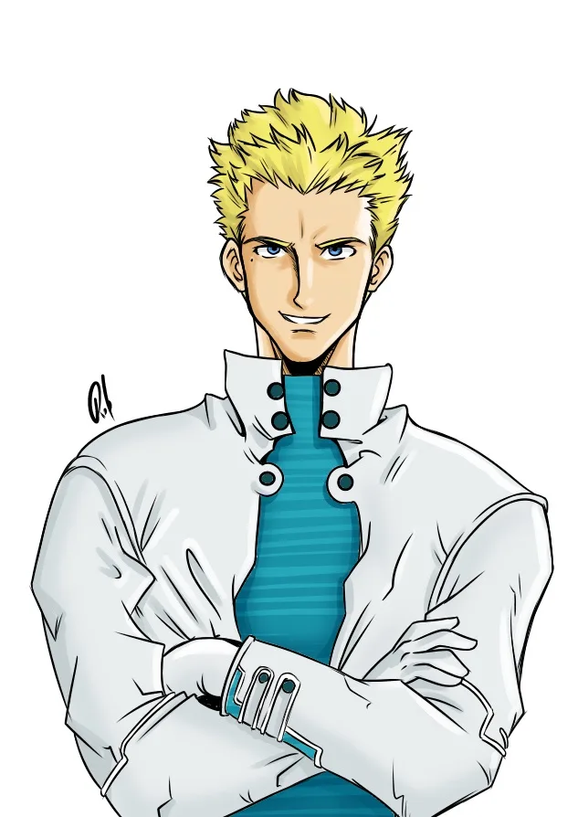 A cartoon illustration of a man with spiky blonde hair and blue eyes, wearing a white jacket over a blue shirt, standing…