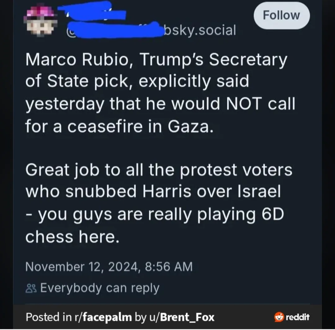A screenshot of a social media post from a platform resembling Bluesky, with the user's profile and handle obscured by blue…