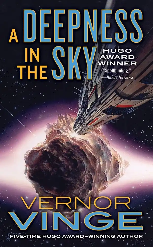 The image is the cover of the science fiction novel 'A Deepness in the Sky' by Vernor Vinge, featuring a large spaceship…