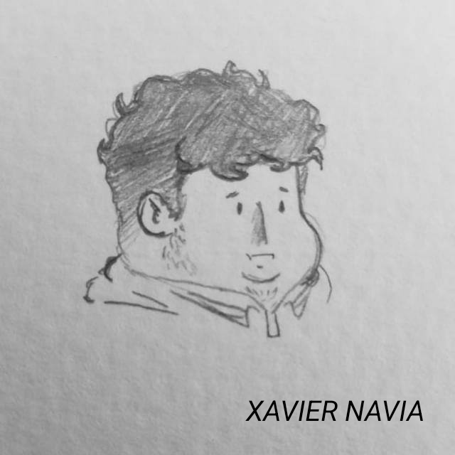 A simple pencil sketch of a man's head and shoulders with curly hair, a slight beard, and a neutral expression, drawn on…