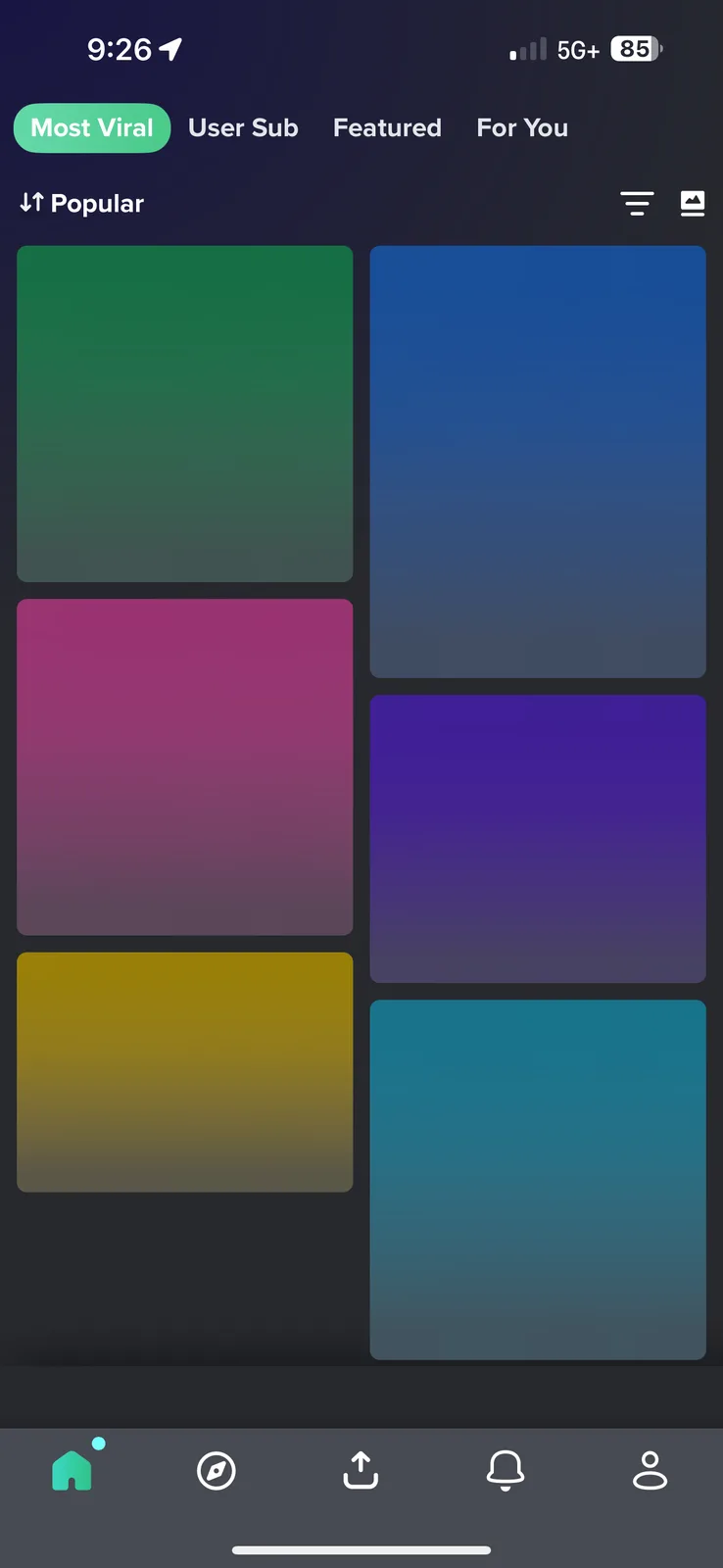 A screenshot of a mobile app interface showing a grid of six colorful gradient squares under a 'Most Viral' tab, with no…