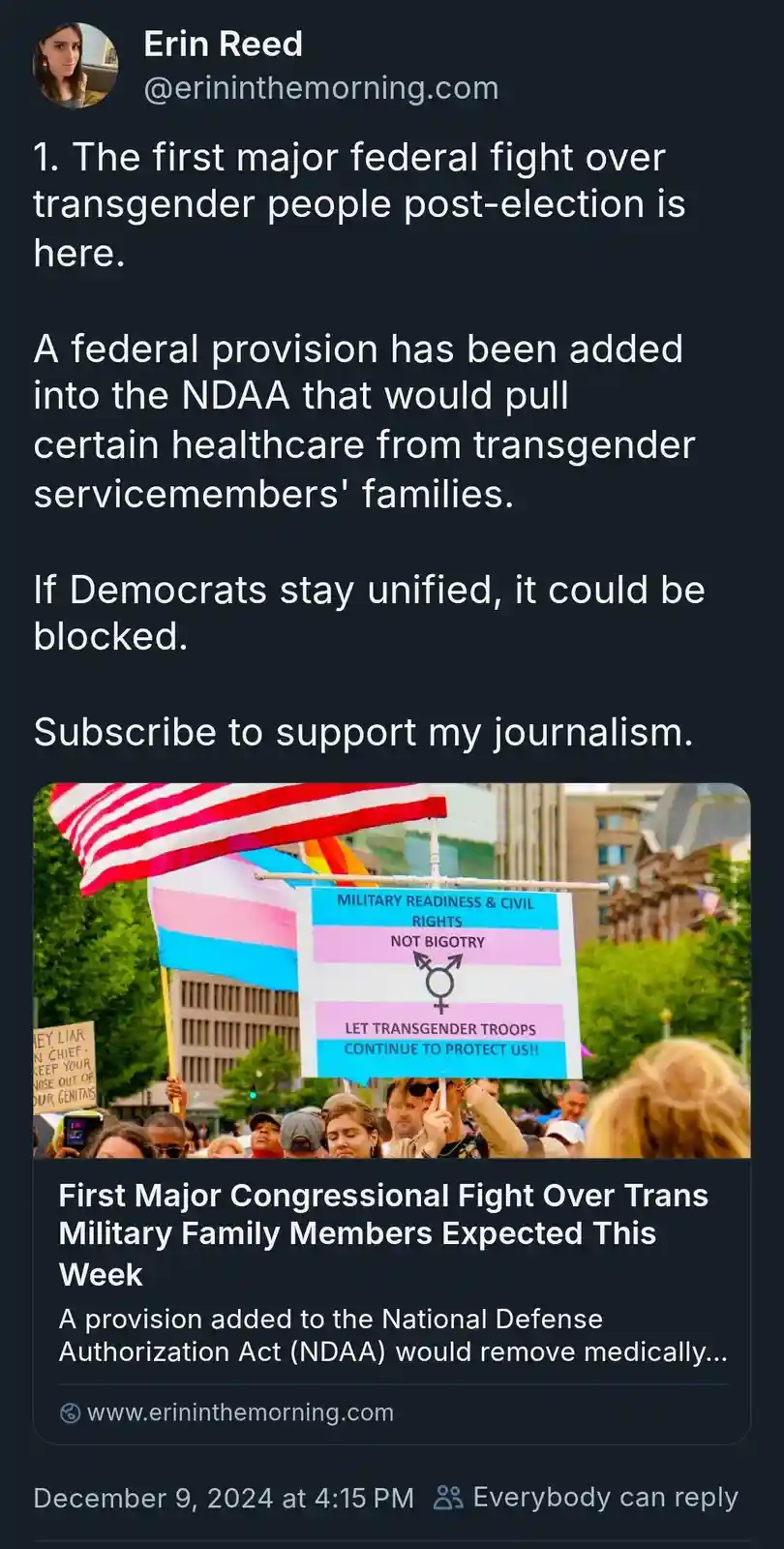 A screenshot of a social media post by Erin Reed about a federal provision in the NDAA that would remove certain healthcare…
