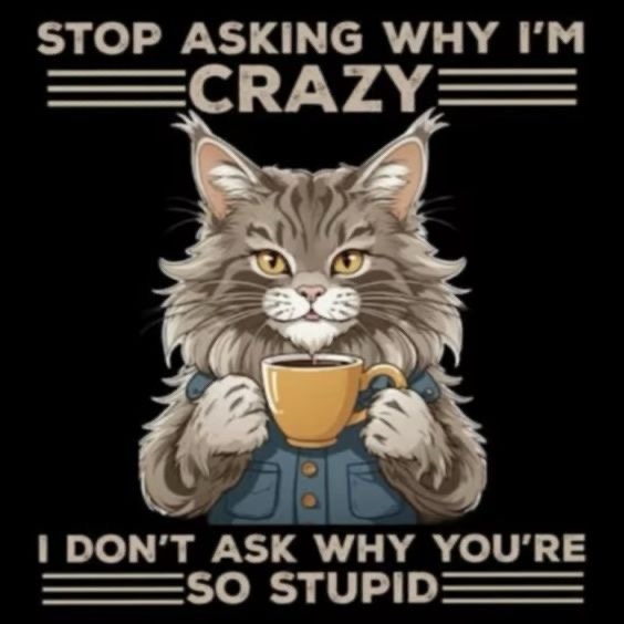 A cartoon illustration of a fluffy, long-haired gray cat wearing a denim vest and holding a yellow coffee mug. The cat has a…