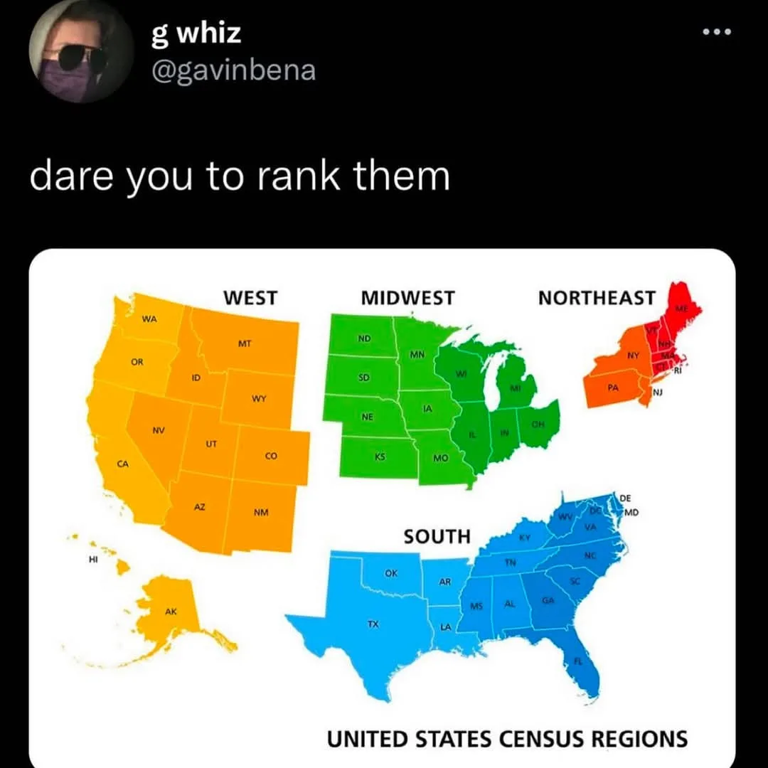 An image displays a map of the United States divided into four colored regions: West (orange), Midwest (green), Northeast…