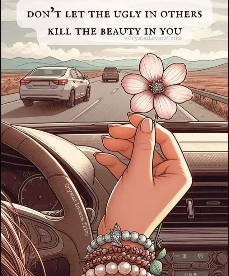 An illustrated image shows a person's hand holding a pink flower while driving a car on a highway, with other cars visible…
