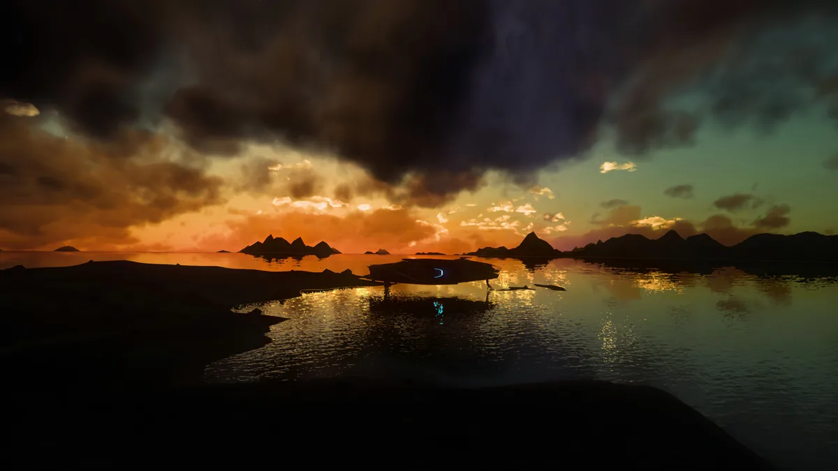 A serene, cinematic sunset over water with silhouetted mountains and a futuristic spaceship docked at a shore. The sky is a…