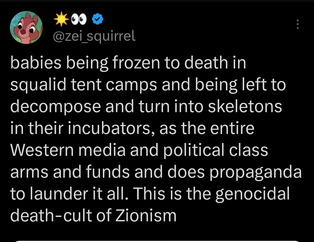 A screenshot of a tweet from @zei_squirrel with a cartoon squirrel profile picture, displaying a long, accusatory text…