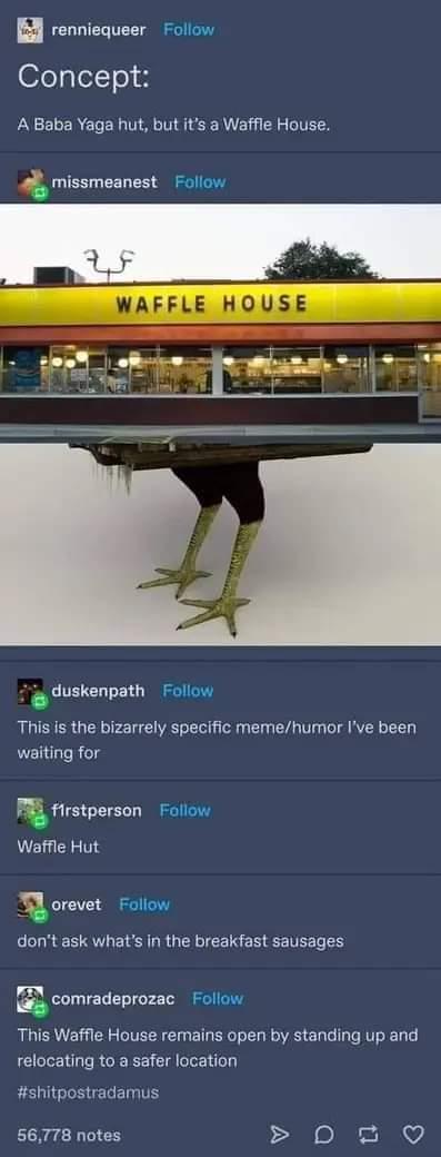 The image shows a Waffle House restaurant with a digitally altered lower half, replaced by the legs and feet of a giant…