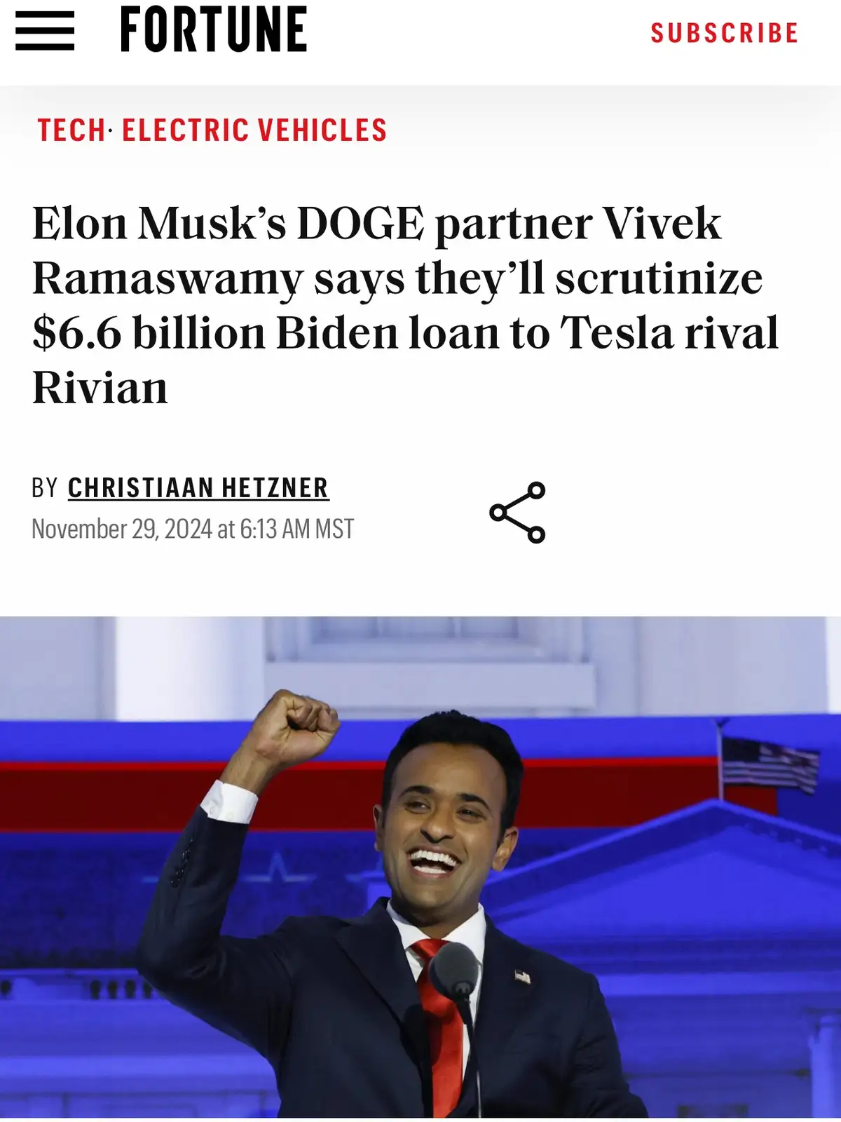 A screenshot of a Fortune magazine article header with a photo of Vivek Ramaswamy smiling and raising his fist. The article…