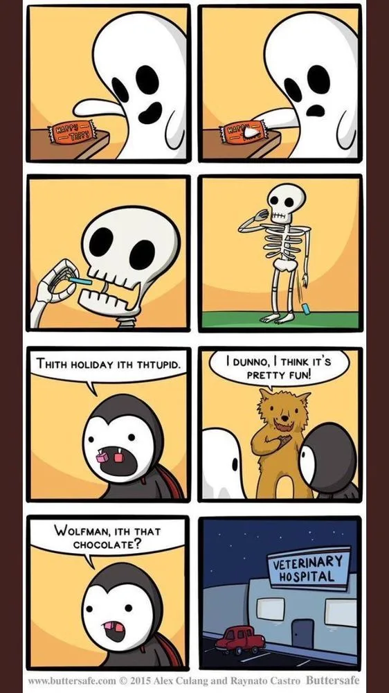 A six-panel comic strip featuring cartoon ghosts, a skeleton, a penguin, and a dog. The ghost opens a chocolate bar, then a…