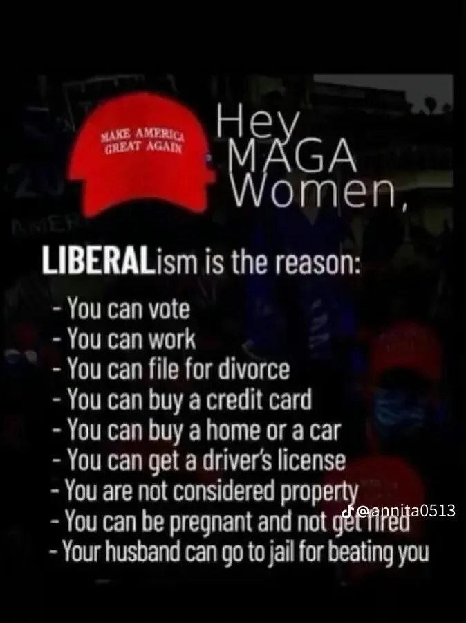 A darkened image of a crowd with a red MAGA hat prominently displayed on the left. Overlaid white text addresses 'Hey MAGA…