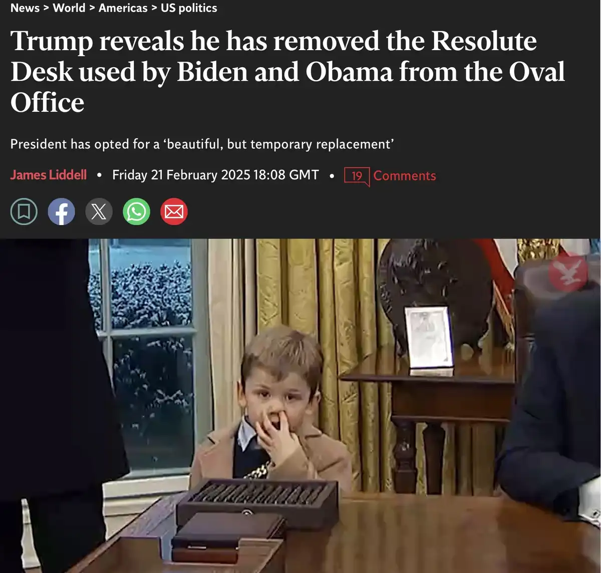 A screenshot of a news article with a headline about Trump removing the Resolute Desk from the Oval Office, overlaid with an…