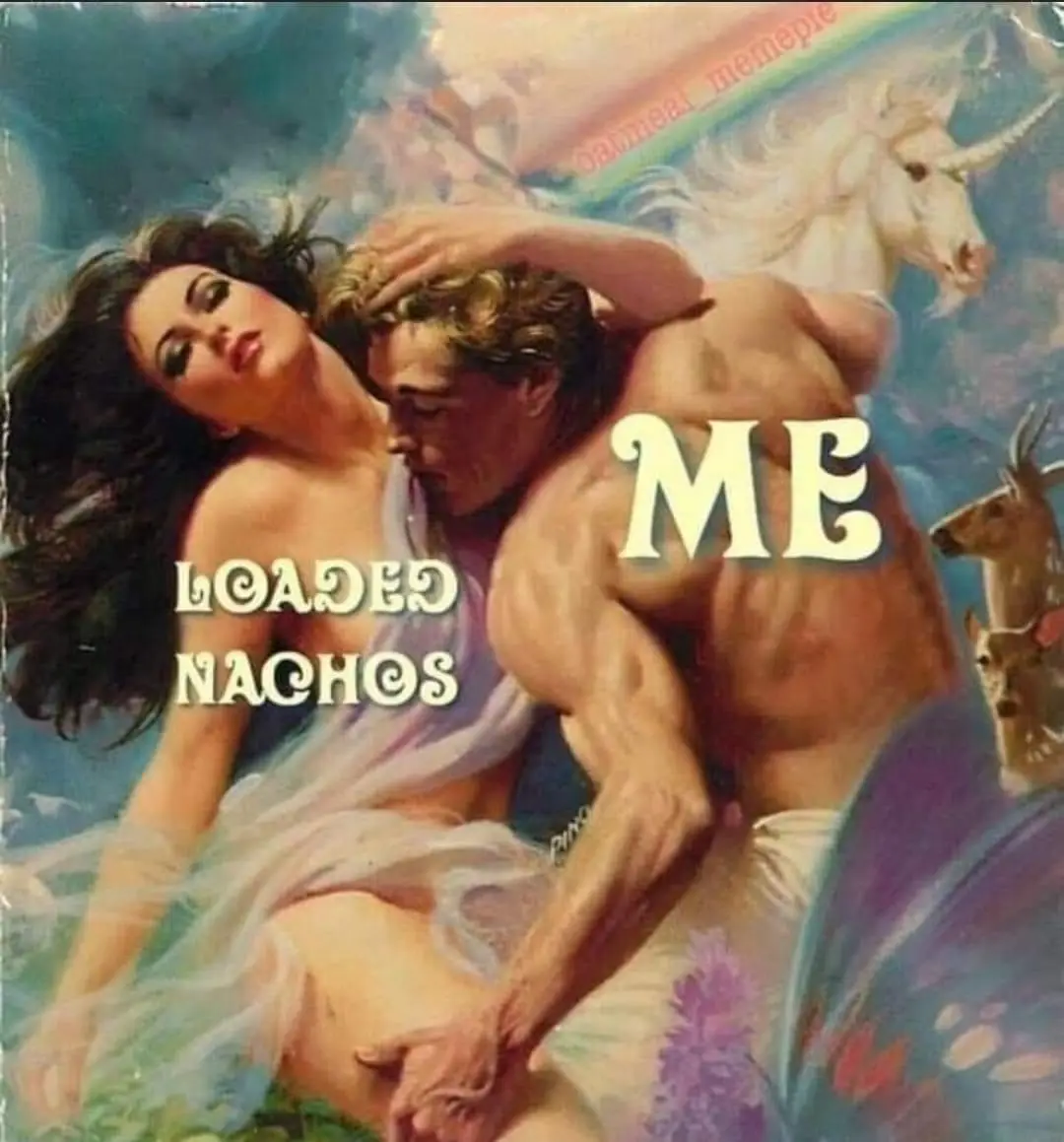 A vintage fantasy painting depicts a muscular man and a woman in a passionate embrace, with a unicorn and deer in the…