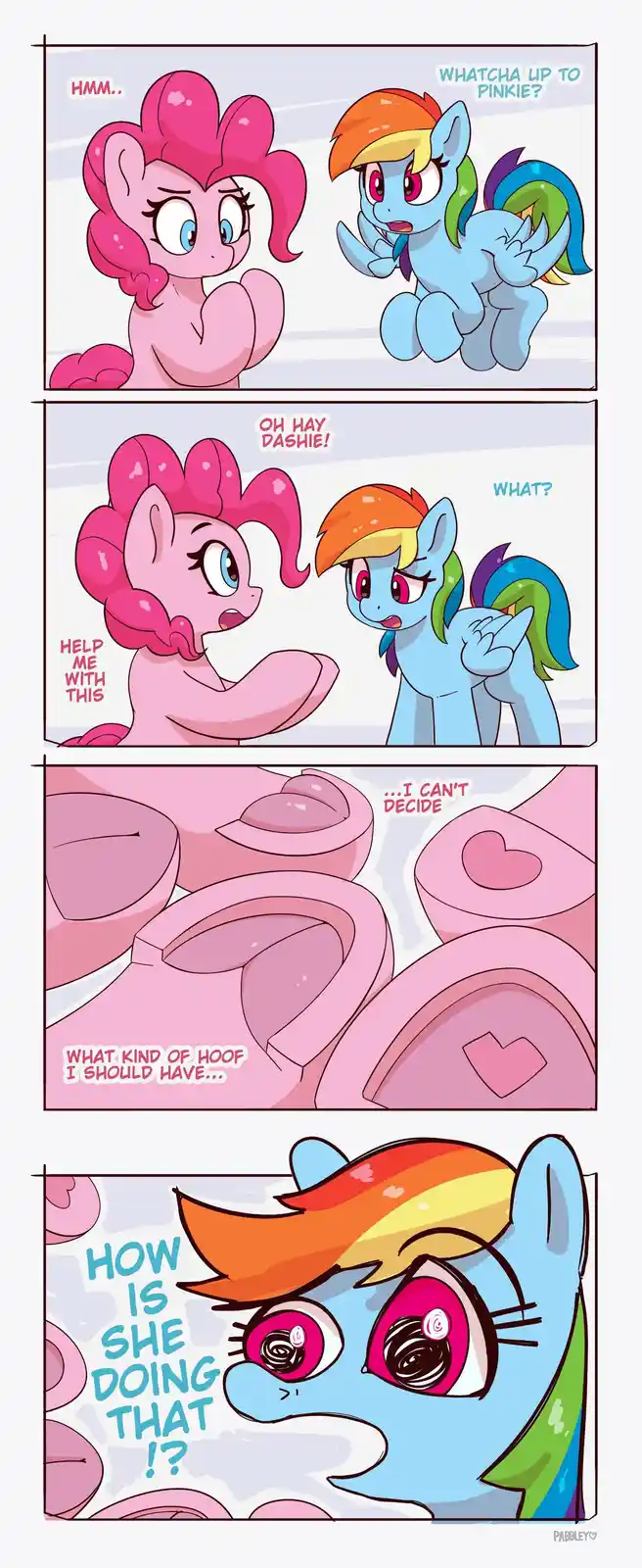 A four-panel comic strip featuring Pinkie Pie and Rainbow Dash from My Little Pony. In the first panel, Rainbow Dash asks…