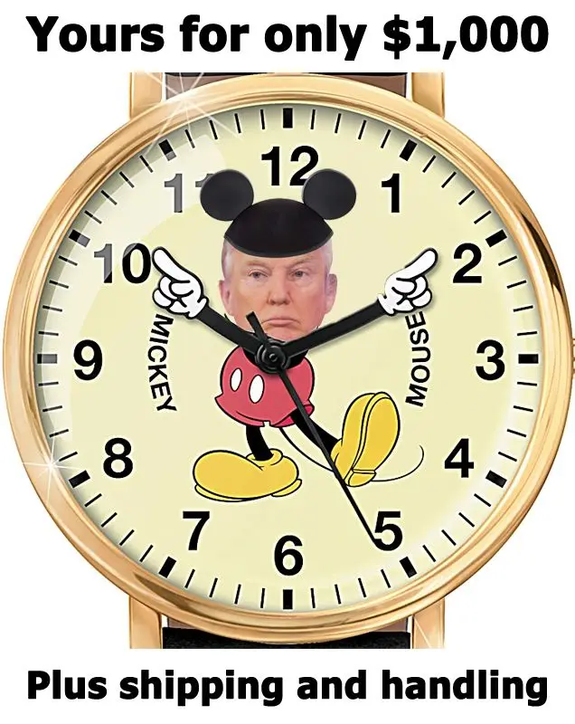 A wristwatch face with a gold bezel and cream-colored dial, where the classic Mickey Mouse silhouette has been replaced with…
