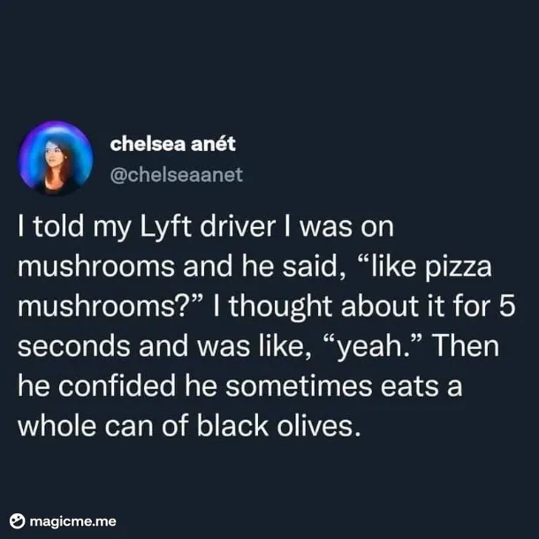 A screenshot of a tweet by Chelsea Anét showing a dark background with white text. The tweet recounts a conversation with a…