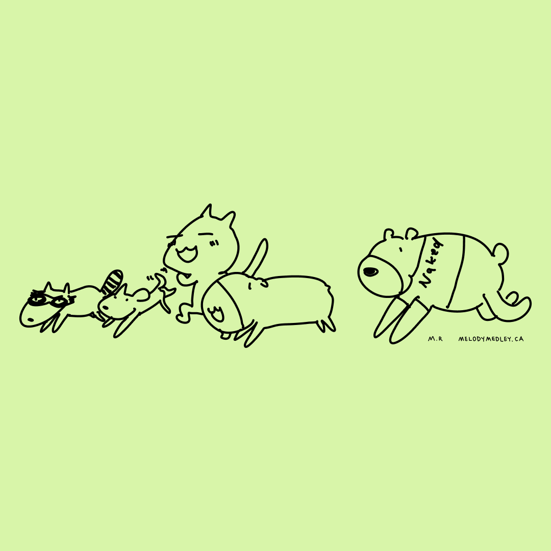 A simple black-and-white line drawing on a light green background shows four cartoon animals running from left to right. The…