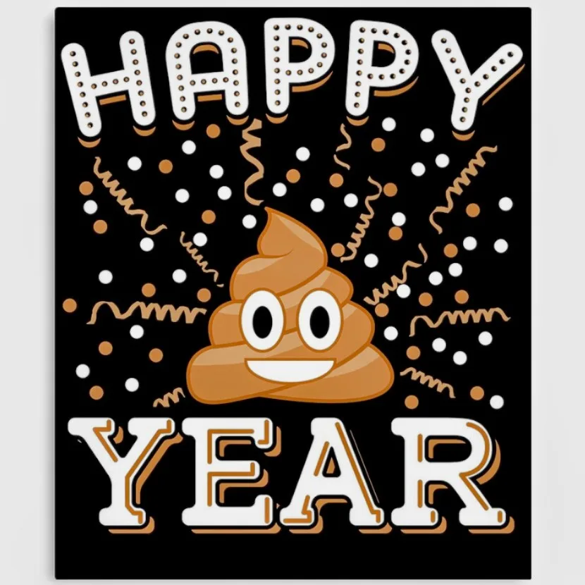 A black background with white and gold confetti and streamers, featuring a smiling poop emoji in the center. The text…