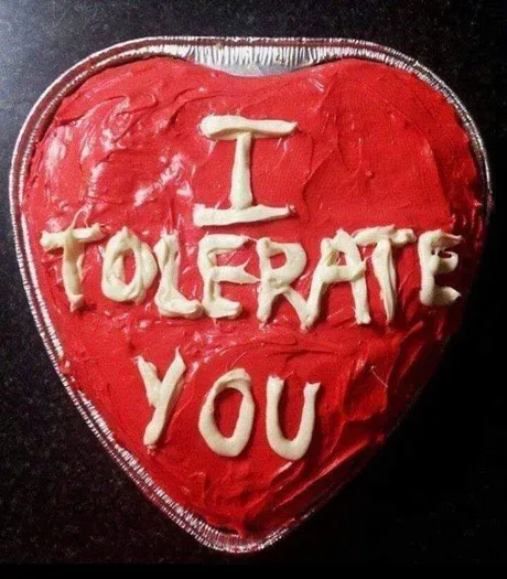 A heart-shaped cake with red frosting and white icing text that reads 'I TOLERATE YOU', presented in a foil pan on a dark…