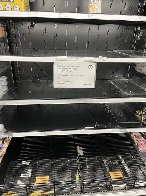 A photo of nearly empty grocery store shelves for eggs, with only a few items remaining on the bottom shelf. A white Target…