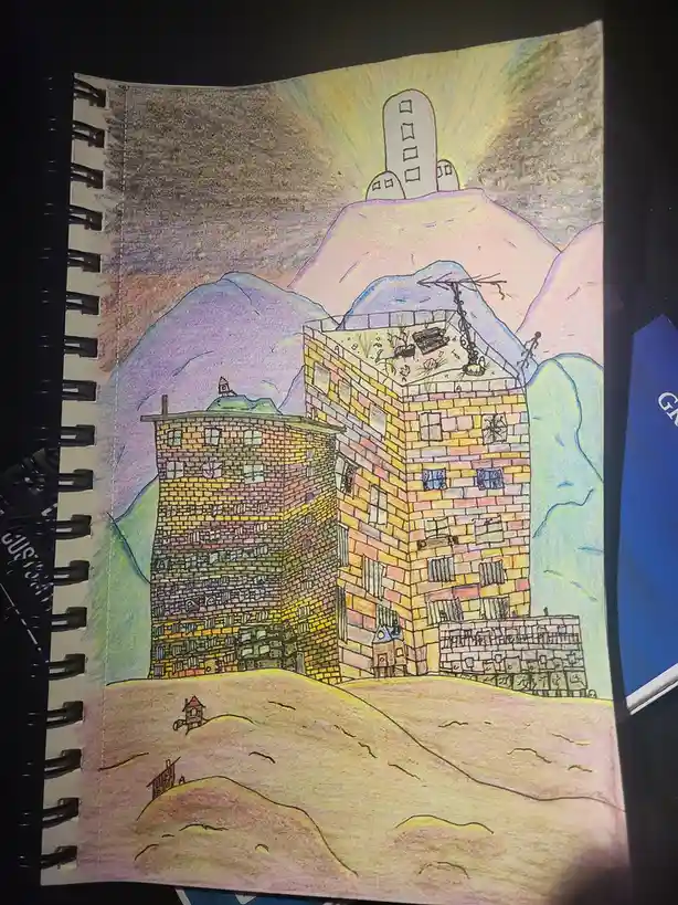 A hand-drawn, colorful illustration in a spiral-bound notebook depicts two tall, blocky brick buildings with many windows…