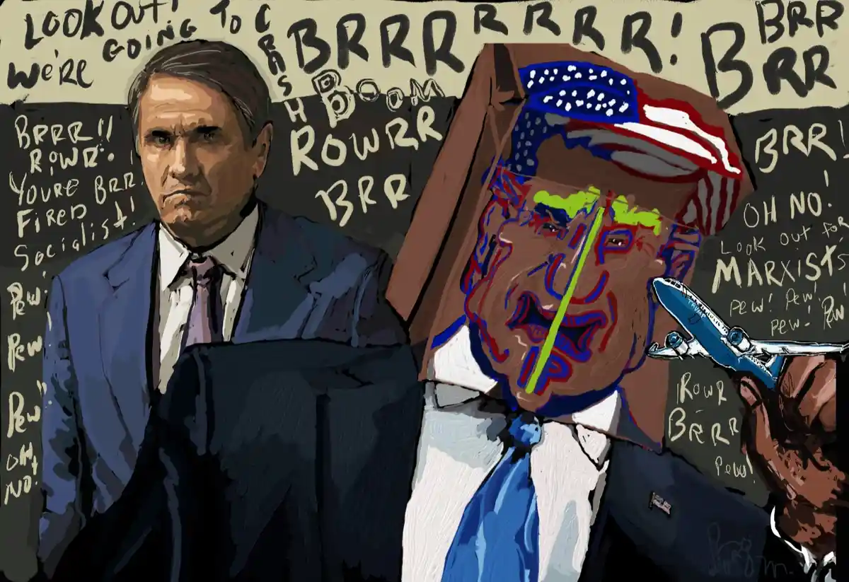 An illustrated meme depicts two men in suits; one on the left looks stern, while the one on the right wears a cardboard box…