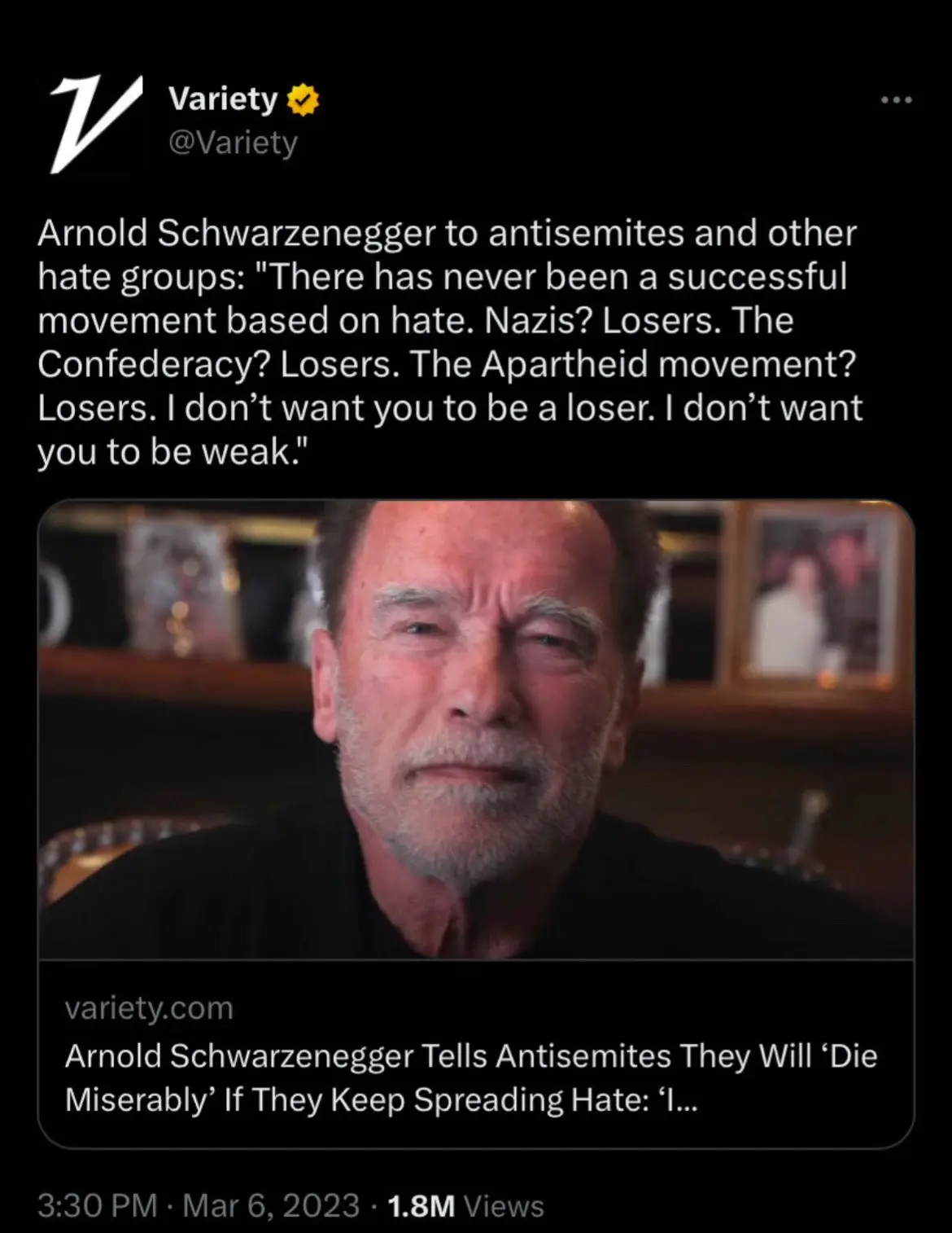 A screenshot of a Variety social media post featuring a close-up of Arnold Schwarzenegger looking serious. The overlaid text…