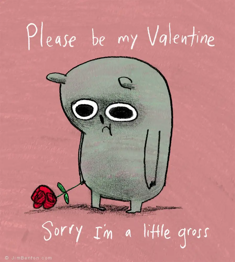 A cartoonish, grey, blob-like creature with large eyes and a sad expression holds a single red rose against a pink textured…